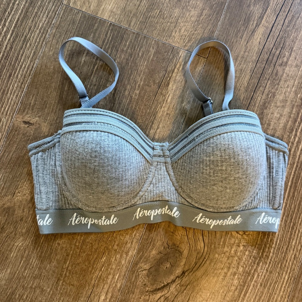 Aeropostale Push Up Bra 36B Bralette Gray Ribbed Logo Band Adjustable Strap Wire